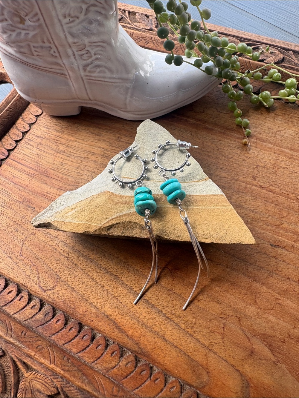 RaeBird Sterling Silver Turquoise Duster Earrings 925 Artisan Southwest Boho